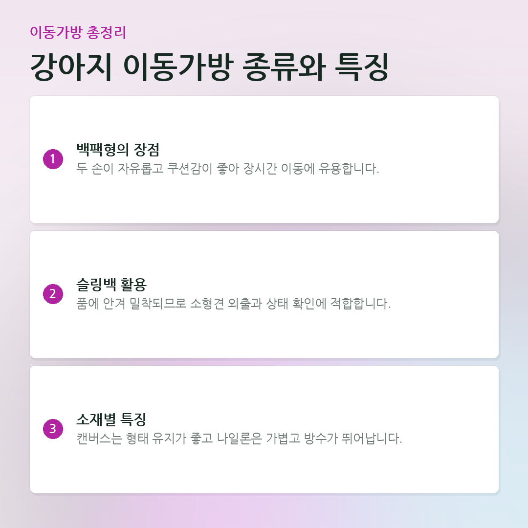 강아지 이동가방 종류와 특징 요약 카드